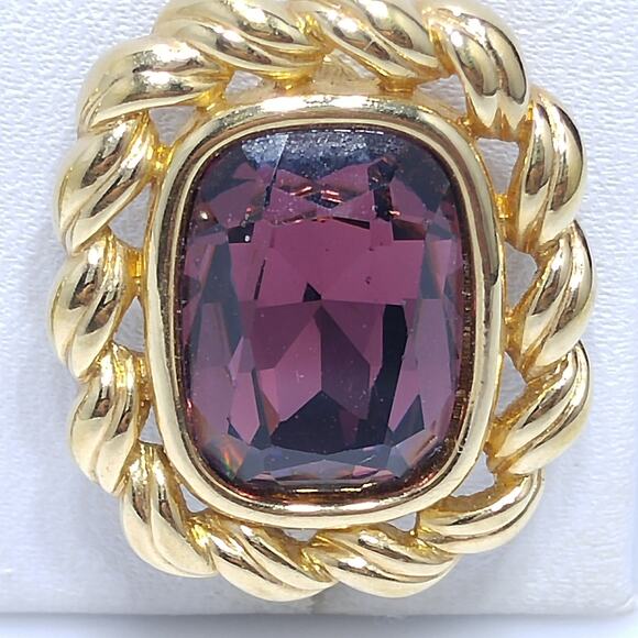 Swarovski S.A.L. Earrings, Purple Crystal Clip Ons, Gold Rope Design, 1970s - Picture 6 of 10